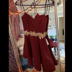 burgundy and gold homecoming/prom dress